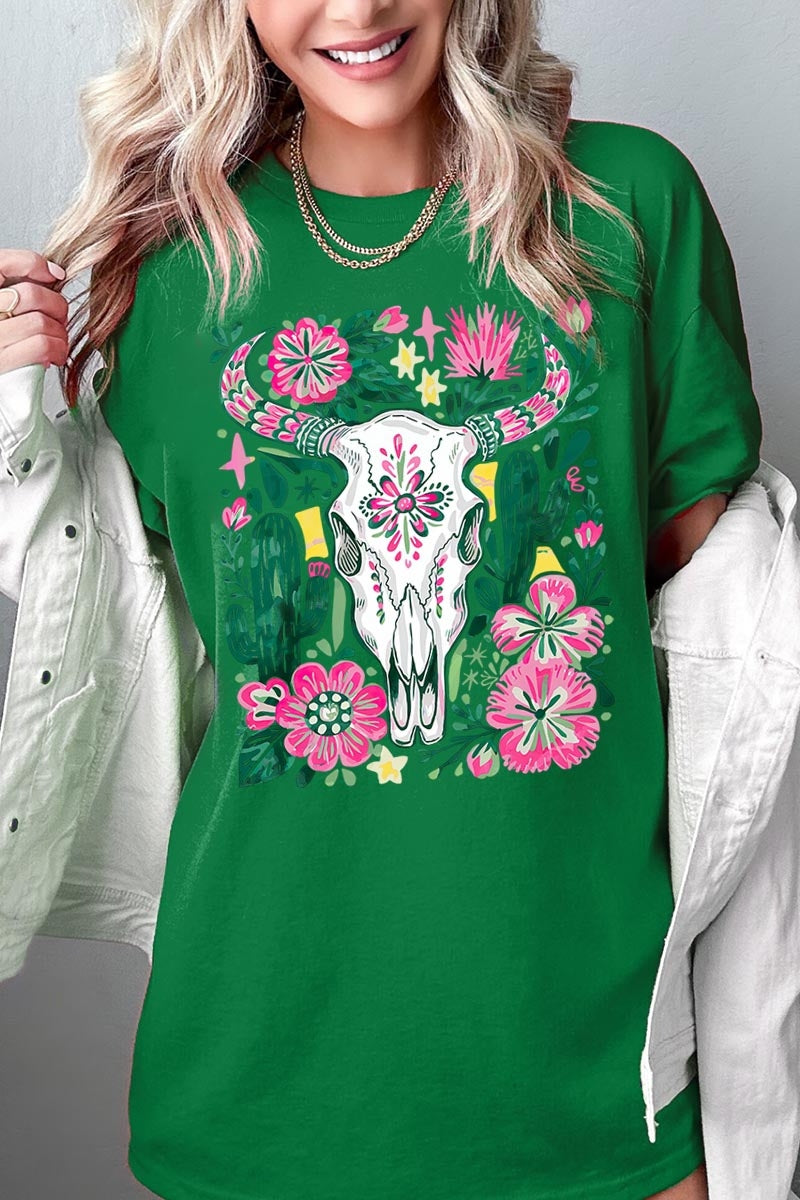 5000P-E3086 Western Floral Cow Skull Plus Heavy Cotton Tee $12.75