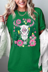 5000P-E3086 Western Floral Cow Skull Plus Heavy Cotton Tee $12.75