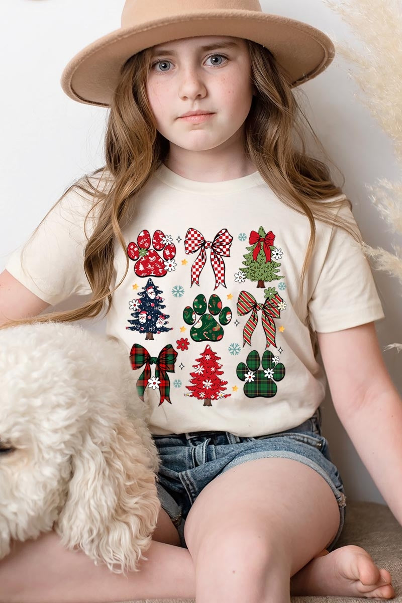 US3001Y-E3195Z Christmas Bow Paw Kids Graphic Tee $11
