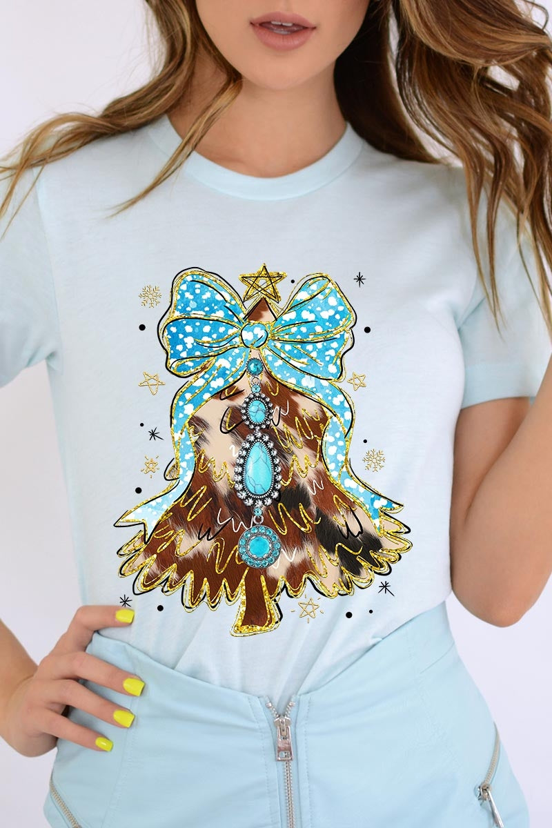 US3001-E3184 Turquoise Christmas Tree Graphic Tee $12.5