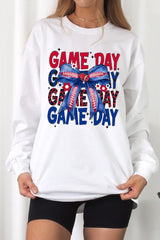 UL240-E3087 Red Blue Football Game Day Bow Long Sleeve Tee $13.75