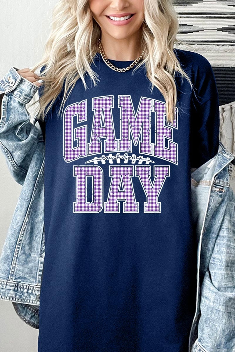 5000P-E3127 Purple Gingham Game Day Plus Heavy Cotton Tee $12.75