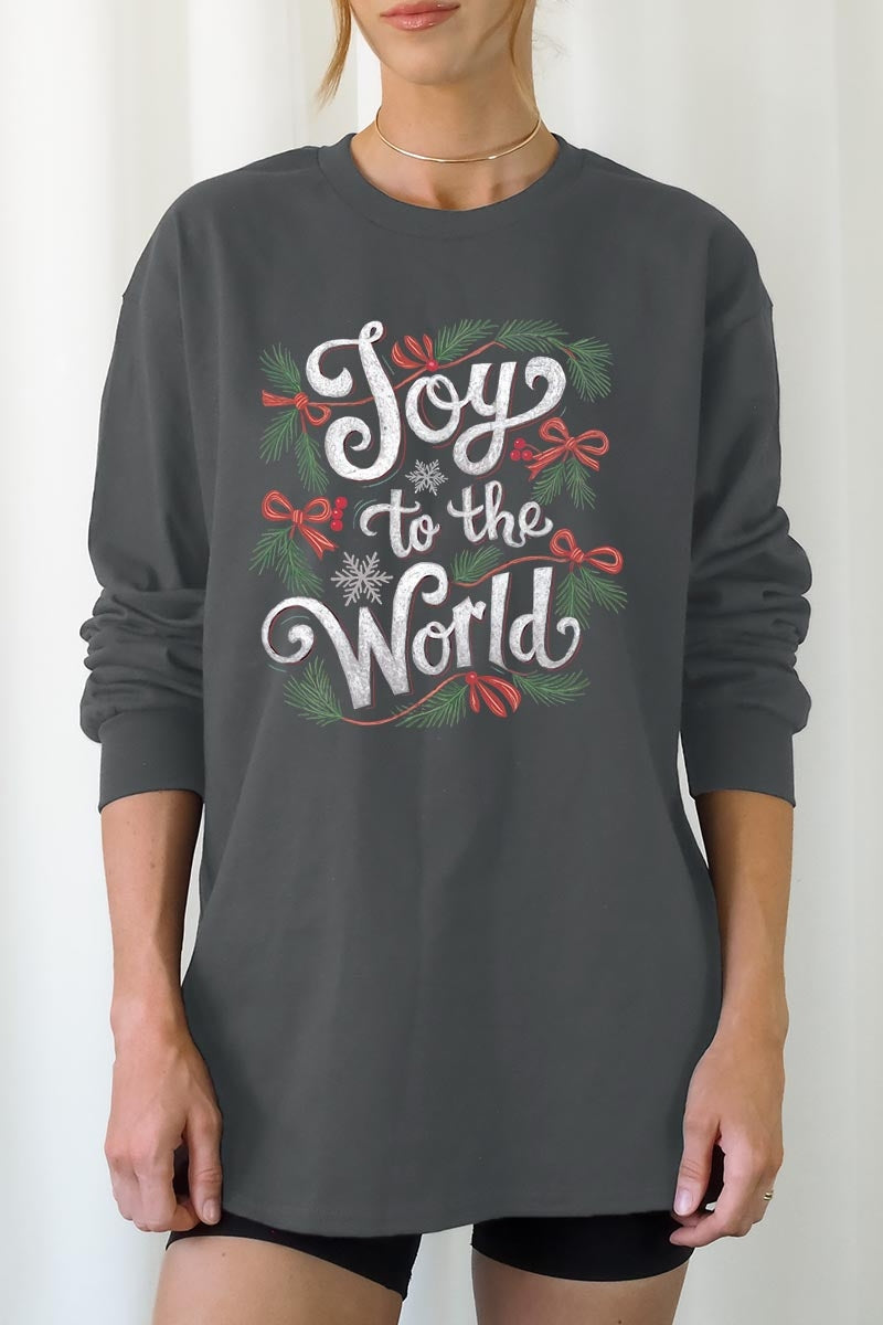 UL240-E3221 Joy to the World Christmas Graphic Long Sleeve Tee $13.75