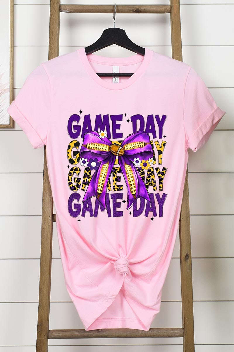 US3001P-E3092 Purple Yellow Football Game Day Bow Plus Tee $16