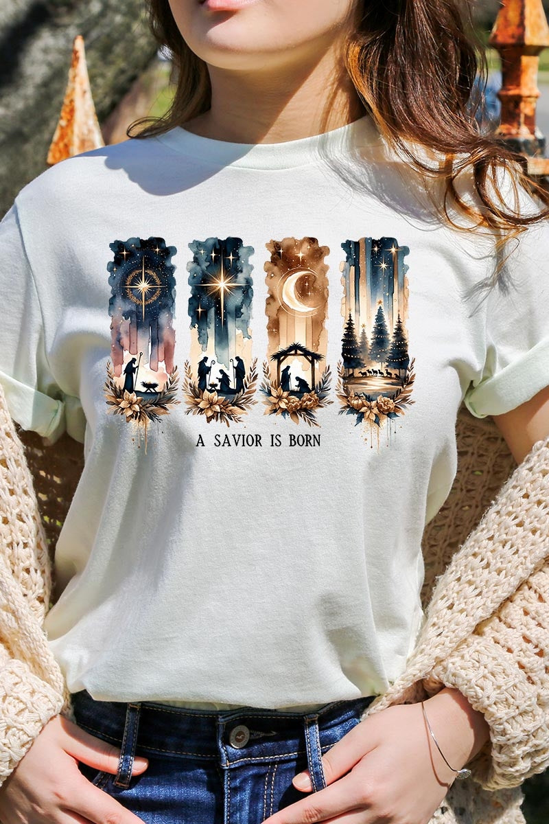 US3001P-E3204 Savior Is Born Nativity Graphic Plus Tee $16