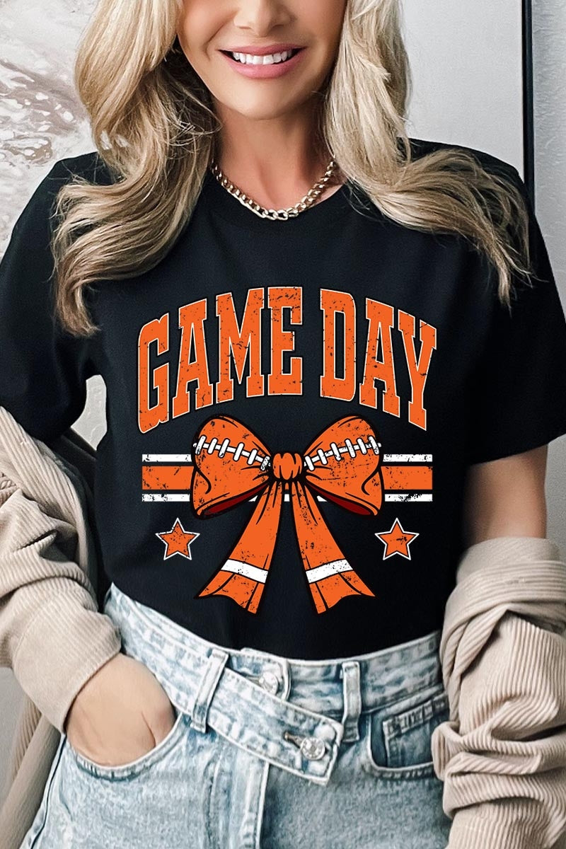 US3001P-E3064 Orange Game Day Football Bow Graphic Plus Tee $16