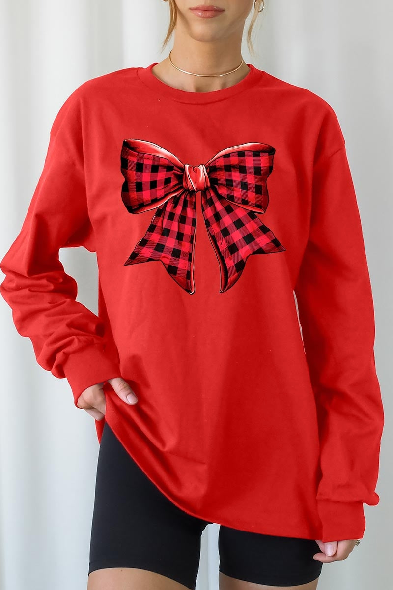 UL240P-E3198 Red Buffalo Plaid Bow Graphic Plus Long Sleeve Tee $17