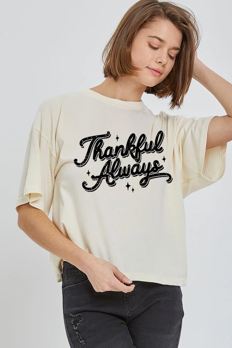 CTS-E3168 Thankful Always Graphic Relaxed Crop Top $11