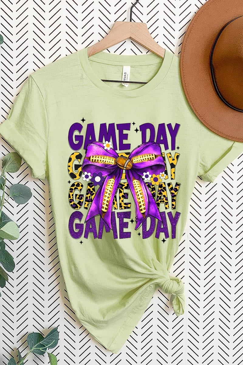 US3001P-E3092 Purple Yellow Football Game Day Bow Plus Tee $16
