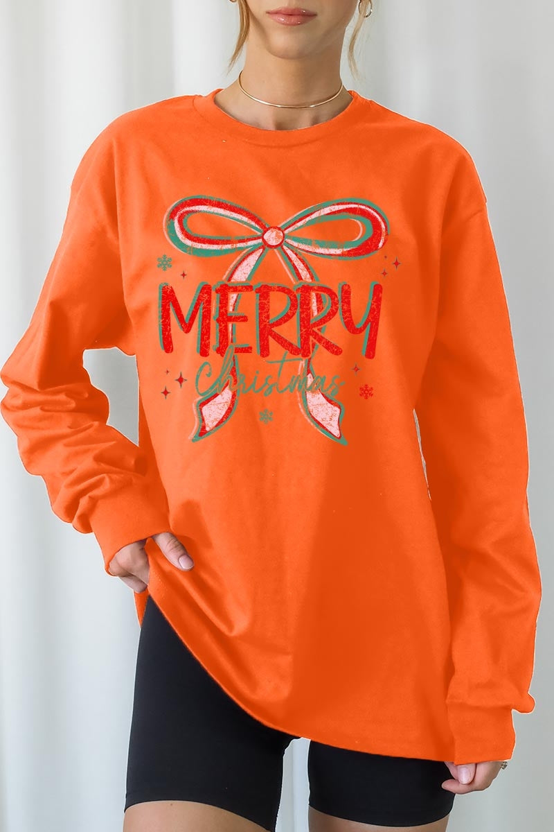 UL240-E3197 Merry Christmas Bow Graphic Long Sleeve Tee $13.75
