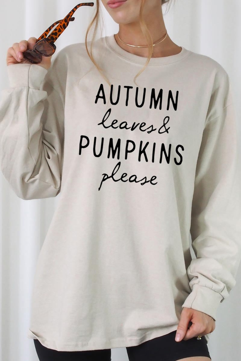 UL240-E3158 Autumn Leaves Pumpkins Graphic Long Sleeve Tee $13.75