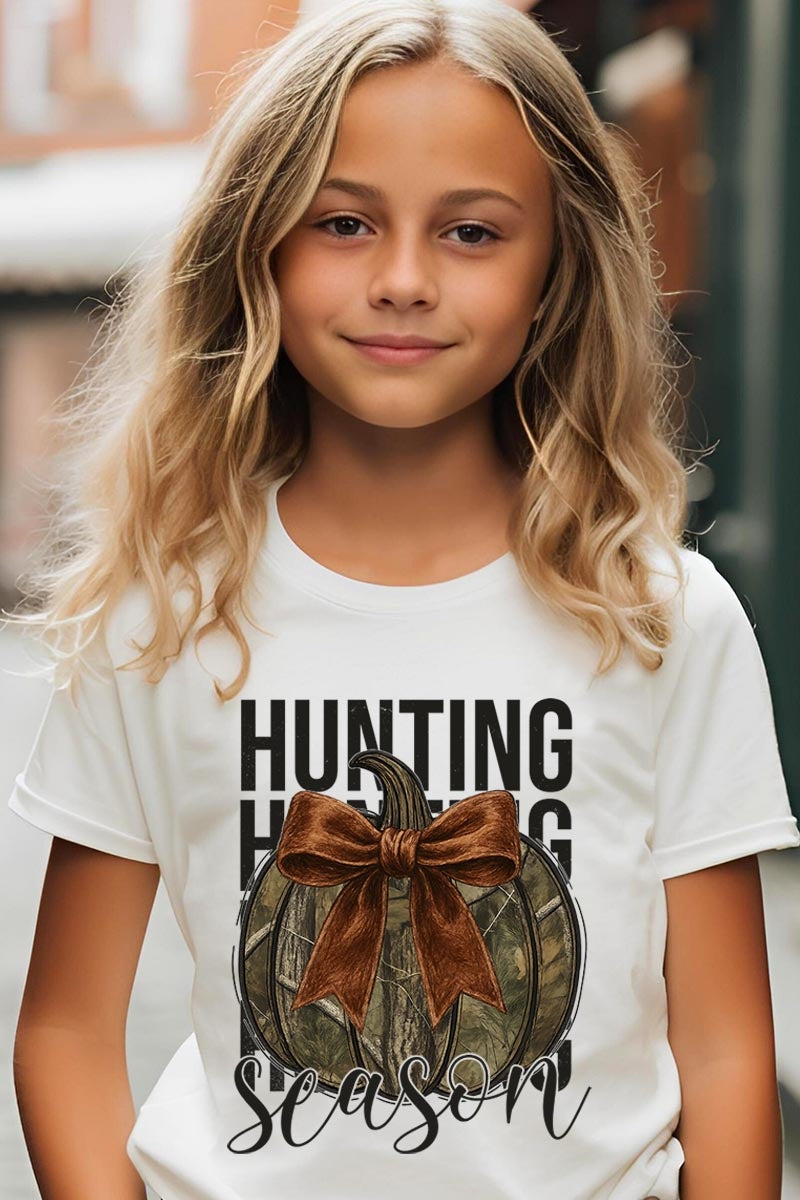 US3001Y-E3190Z Hunting Pumpkin Bow Kids Graphic Tee $11