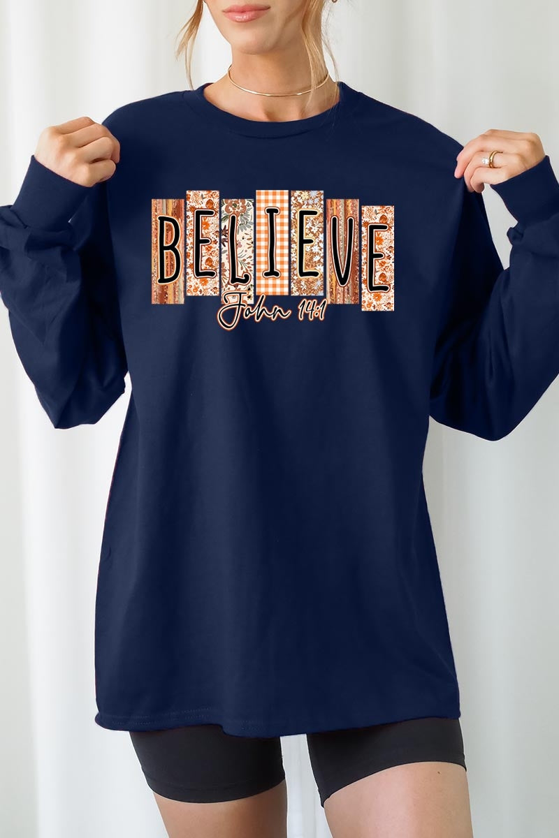UL240P-E3167 Believe Fall Christian Graphic Plus Long Sleeve Tee $17