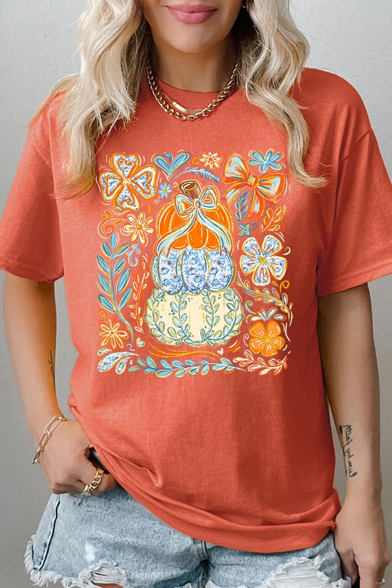 5000-E3153 Floral Pumpkin Stack Graphic Heavy Cotton Tee $9