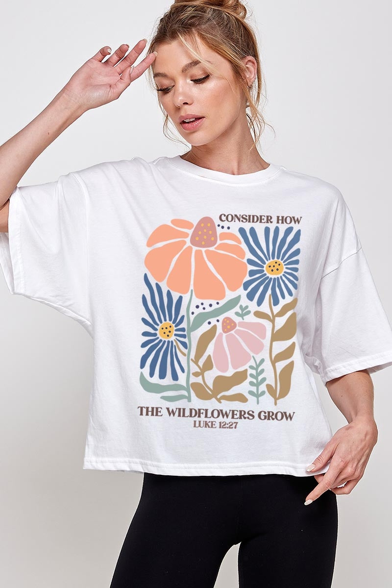 CTS-E3067 Consider the Wildflowers Graphic Relaxed Crop Top $11