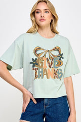 CTS-E3154 Give Thanks Bow Graphic Relaxed Crop Top $11