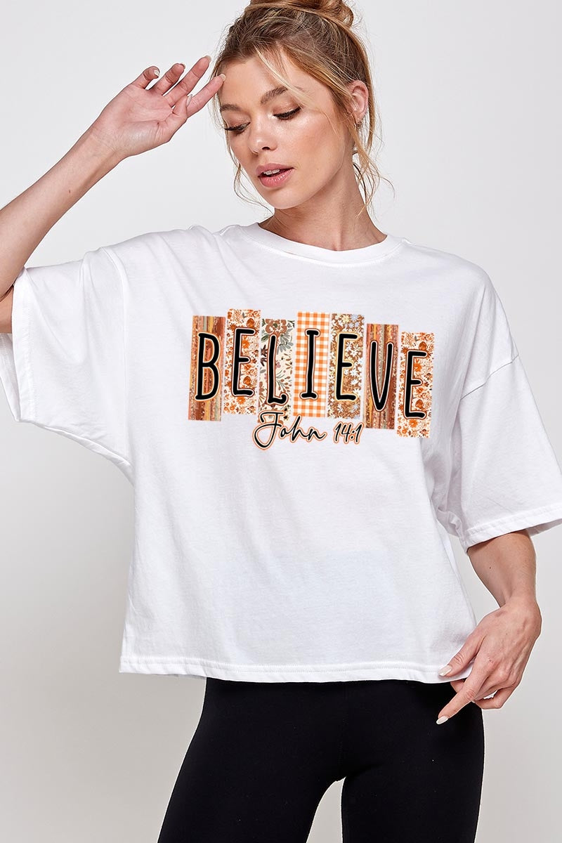 CTS-E3167 Believe Fall Christian Graphic Relaxed Crop Top $11
