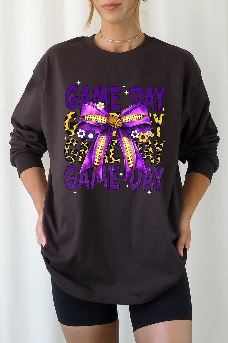 UL240-E3092 Purple Yellow Football GameDay Bow Long Sleeve Tee $13.75