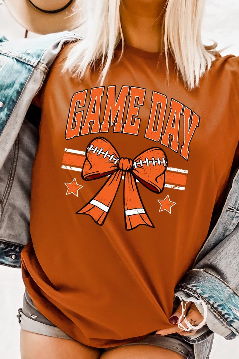 US3001P-E3064 Orange Game Day Football Bow Graphic Plus Tee $16