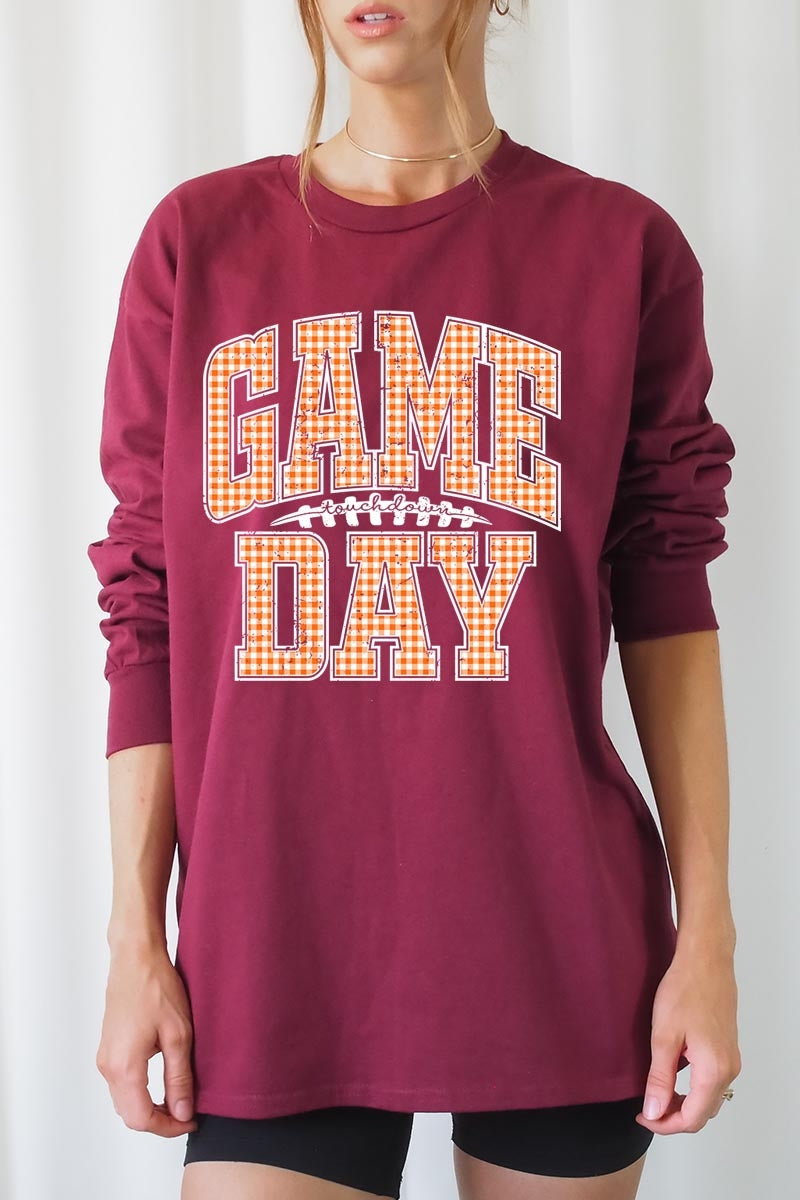UL240P-E3129 Orange Gingham Game Day Plus Long Sleeve Tee $17