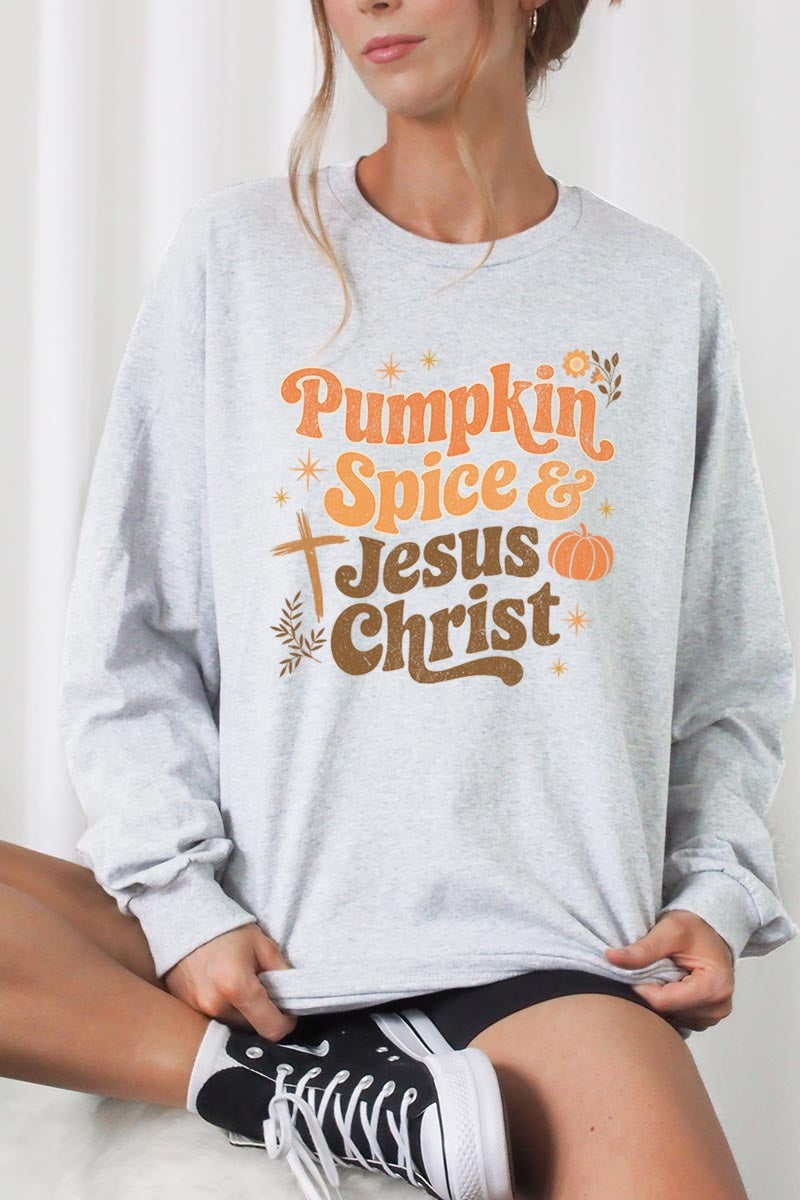 UL240P-E3164 Pumpkin Spice & Jesus Graphic Plus Long Sleeve Tee $17