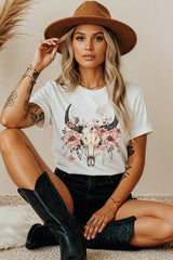 5000P-E3113 Western Skull Floral Graphic Plus Heavy Cotton Tee $12.75