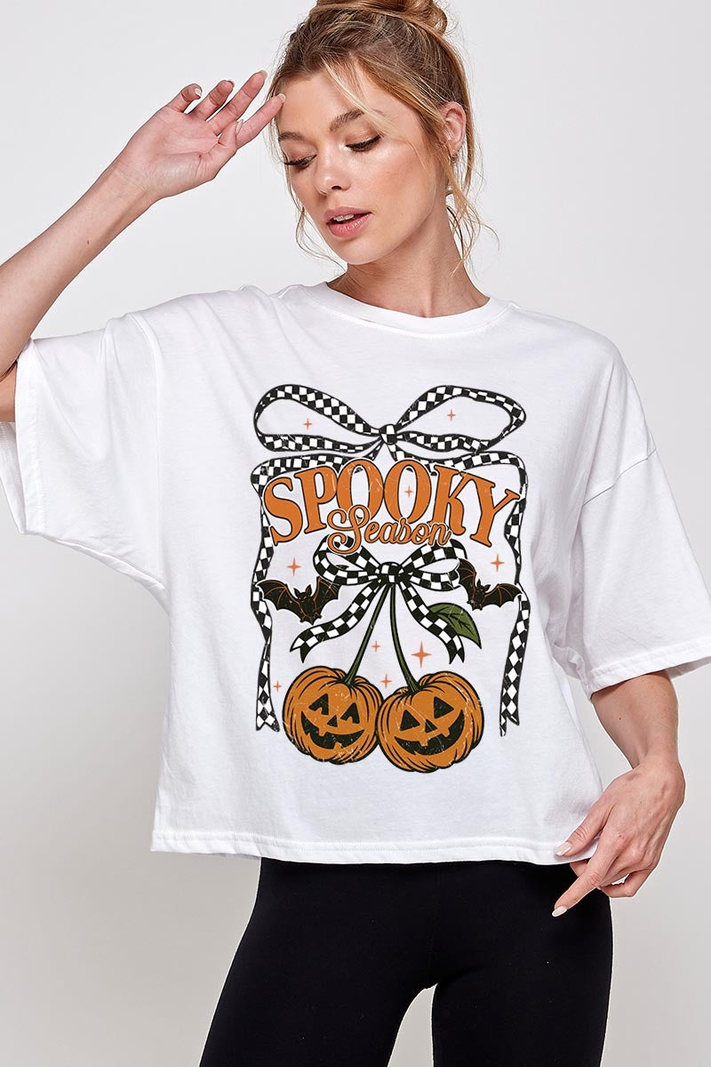 CTS-E3085 Pumpkin Cherries Graphic Relaxed Crop Top $11