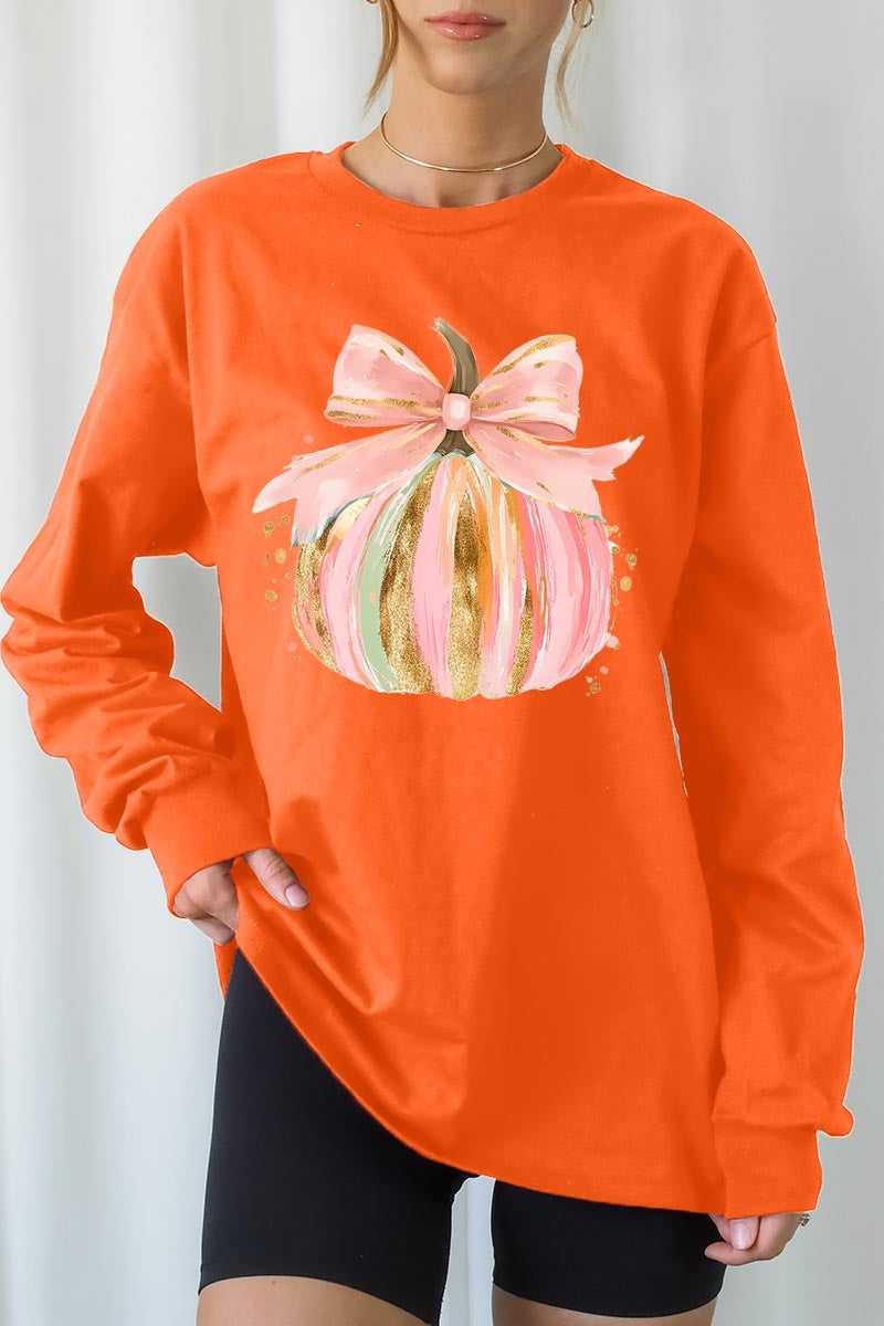 UL240-E3083 Brushstroke Pumpkin Graphic Long Sleeve Tee $13.75