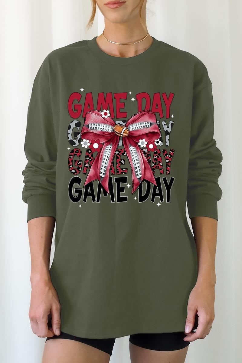 UL240-E3093 Red Silver Football Game Day Bow Long Sleeve Tee $13.75