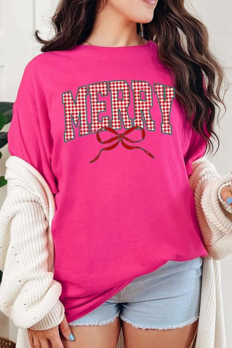 5000P-E3206 Plaid Merry Christmas Bow Graphic Plus Heavy Cotton Tee $12.75