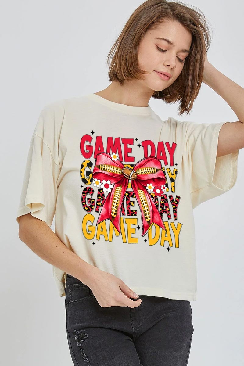 CTS-E3091 Red Yellow Football Game Day Bow Relaxed Crop Top $11