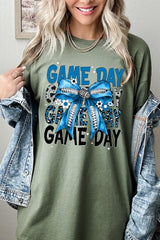 5000-E3089 Blue Silver Football Game Day Bow Heavy Cotton Tee $9