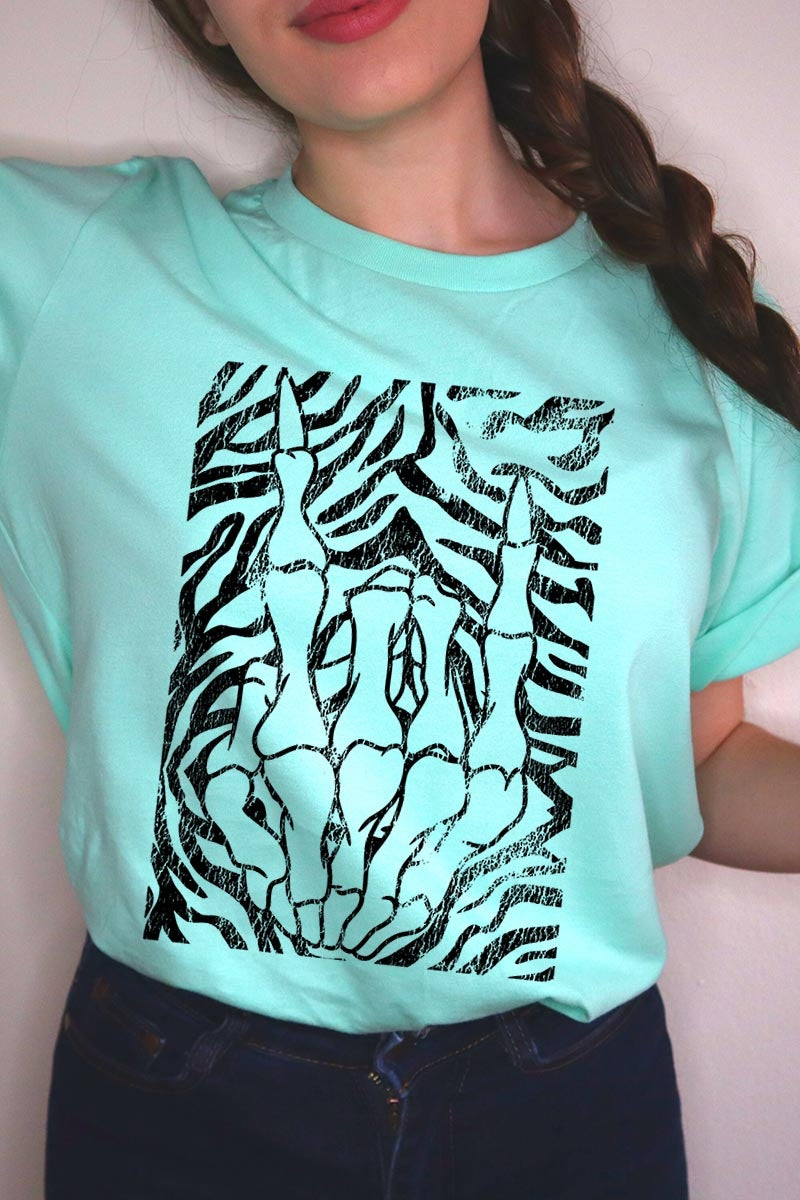 US3001P-E3177 Skeleton Hands Zebra Graphic Plus Tee $16