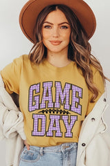 US3001-E3127 Purple Gingham Game Day Graphic Tee $12.5