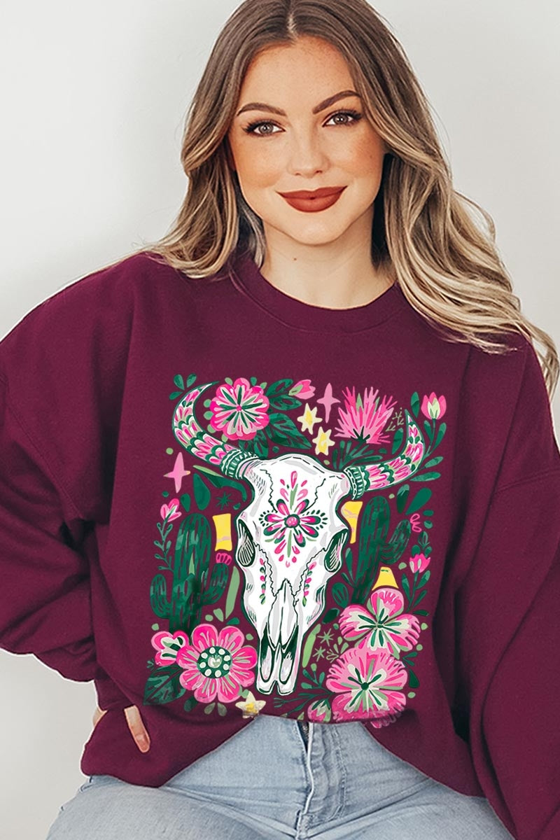 UL180-E3086 Western Floral Cow Skull Graphic Sweatshirt $20