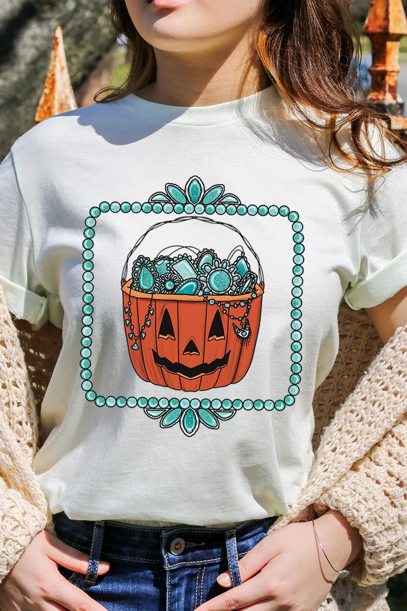 US3001-E3140 Halloween turquoise pumpkin Graphic Tee $12.5