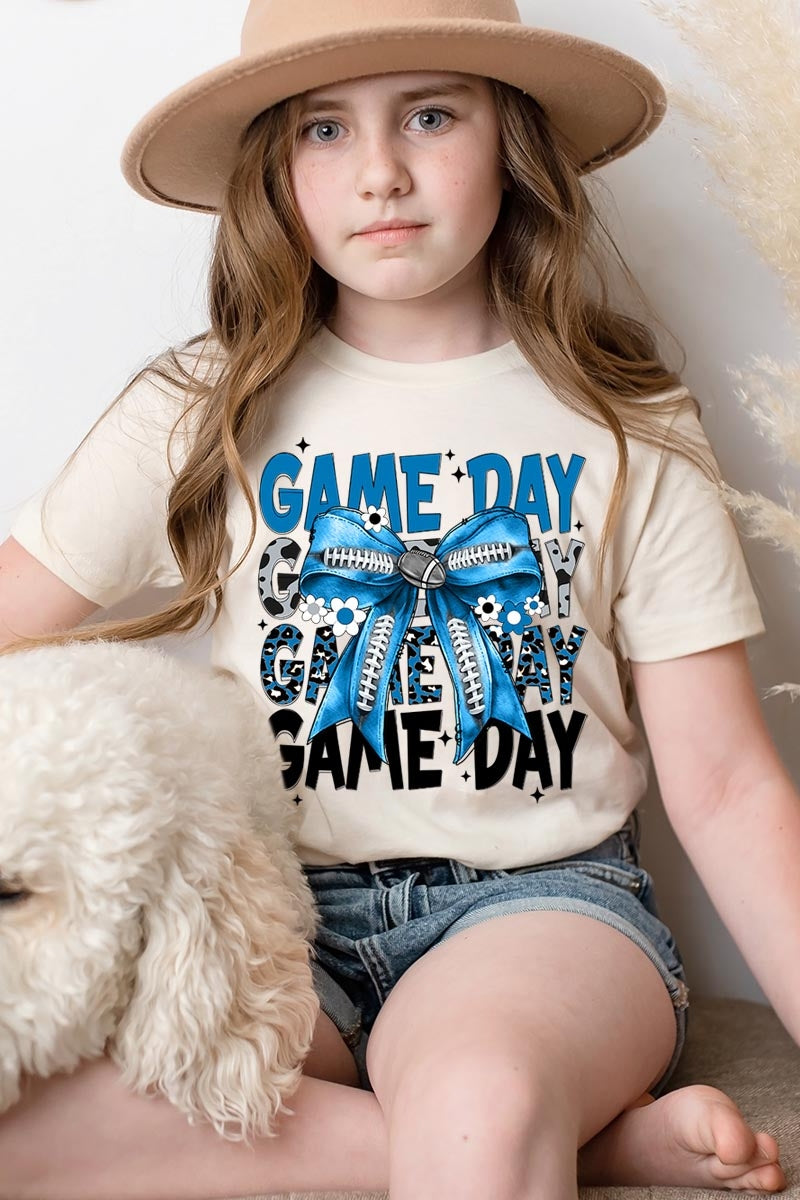 US3001Y-E3089Z Blue Silver Football Game Day Bow Kids Graphic Tee $11