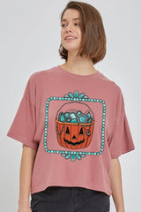 CTS-E3140 Halloween turquoise pumpkin Relaxed Crop Top $11