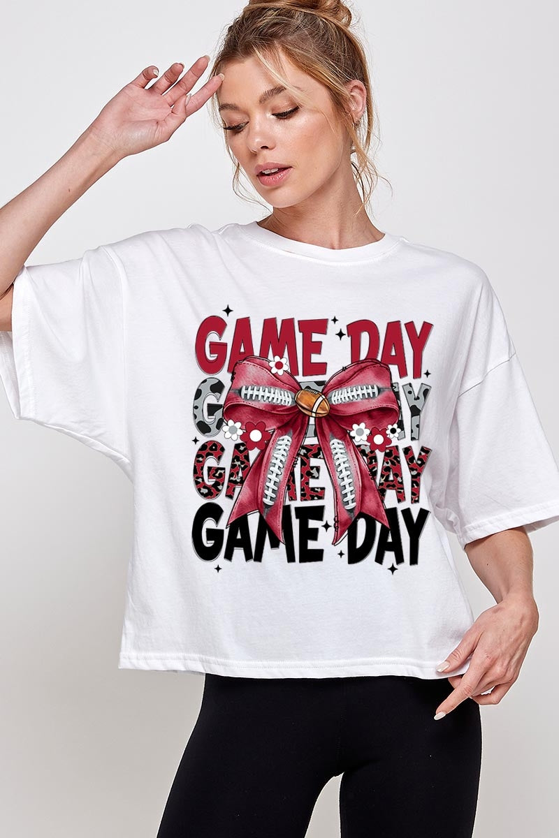 CTS-E3093 Red Silver Football Game Day Bow Relaxed Crop Top $11