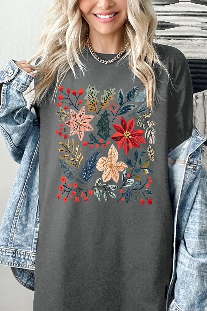 5000P-E3186 Floral Christmas Graphic Plus Heavy Cotton Tee $12.75