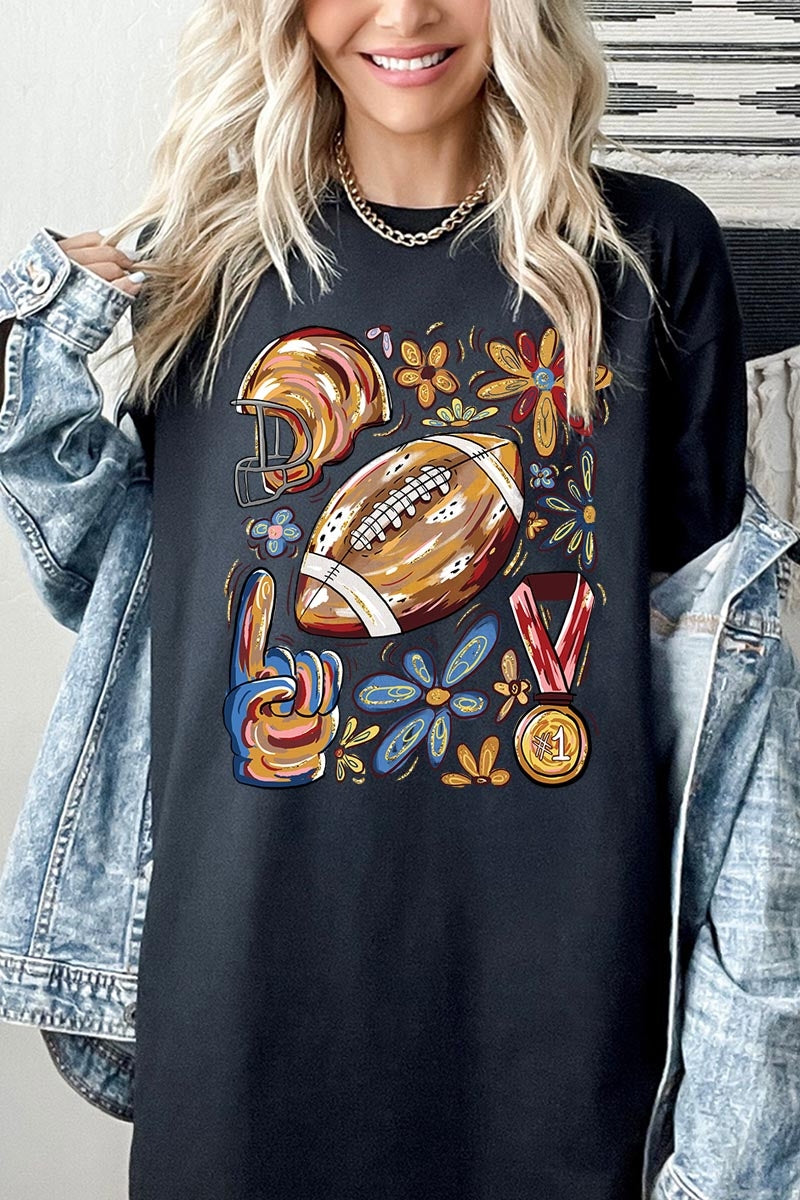 5000-E3072 Retro Floral Football Graphic Heavy Cotton Tee $9