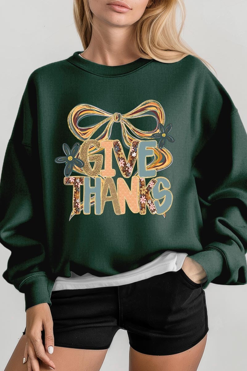 UL180P-E3154 Give Thanks Bow Graphic Plus Sweatshirt $25