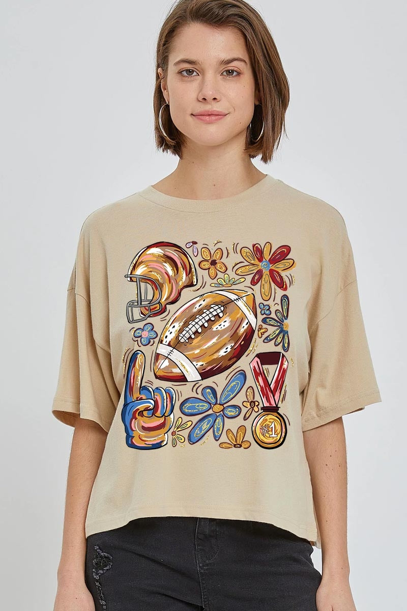 CTS-E3072 Retro Floral Football Graphic Relaxed Crop Top $11