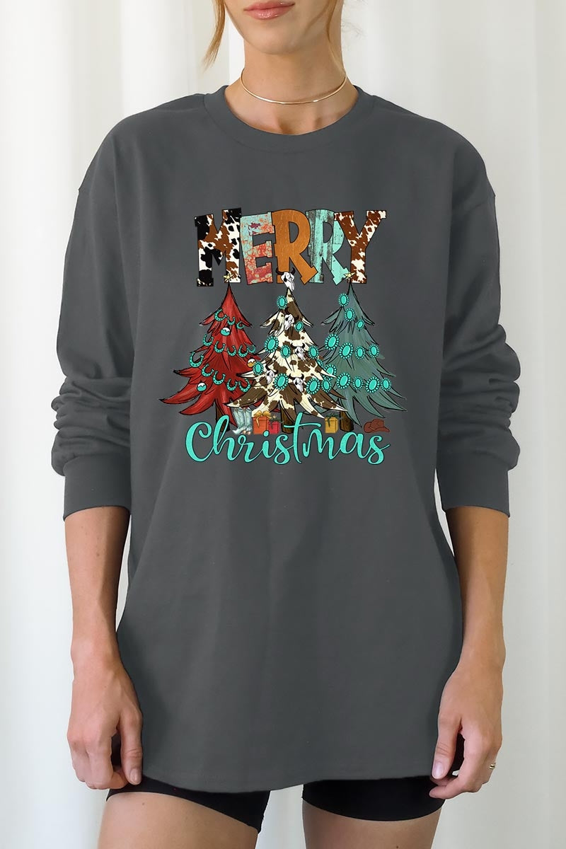UL240-E3200 Merry Christmas Trees Graphic Long Sleeve Tee $13.75