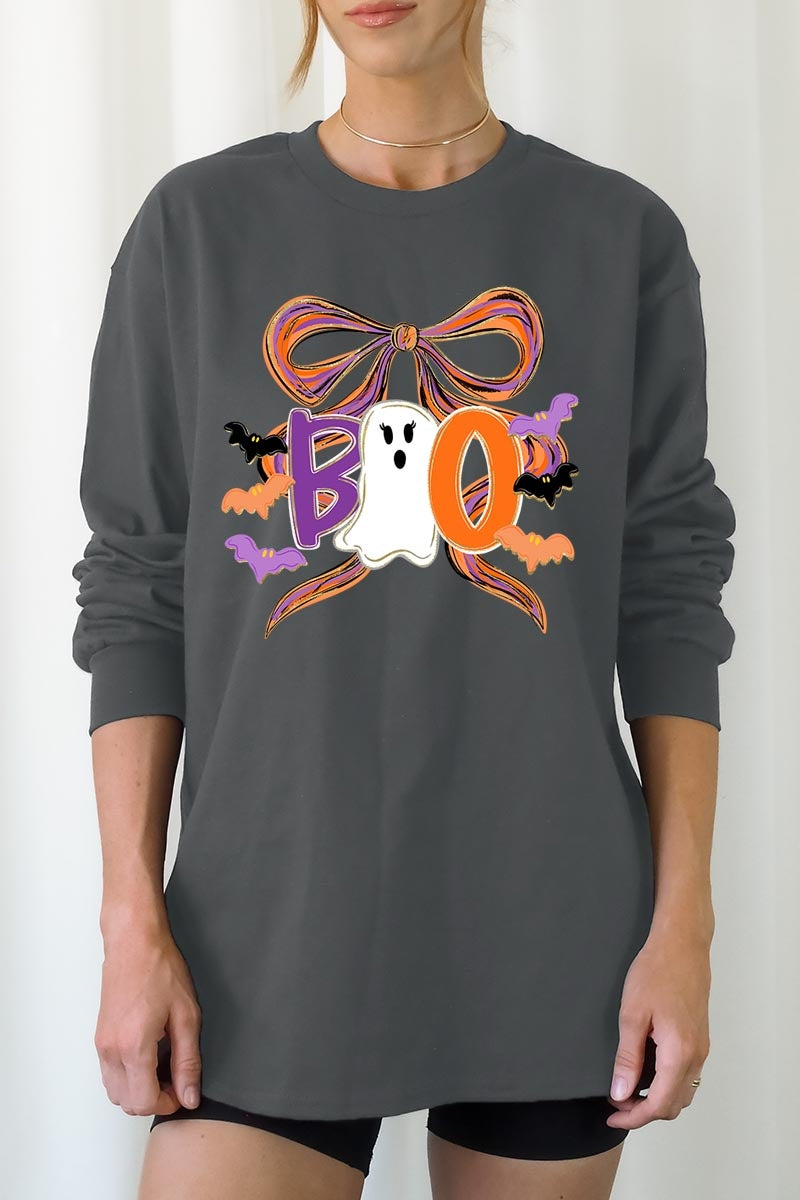 UL240-E3120 Boo Brushstroke Bow Graphic Long Sleeve Tee $13.75