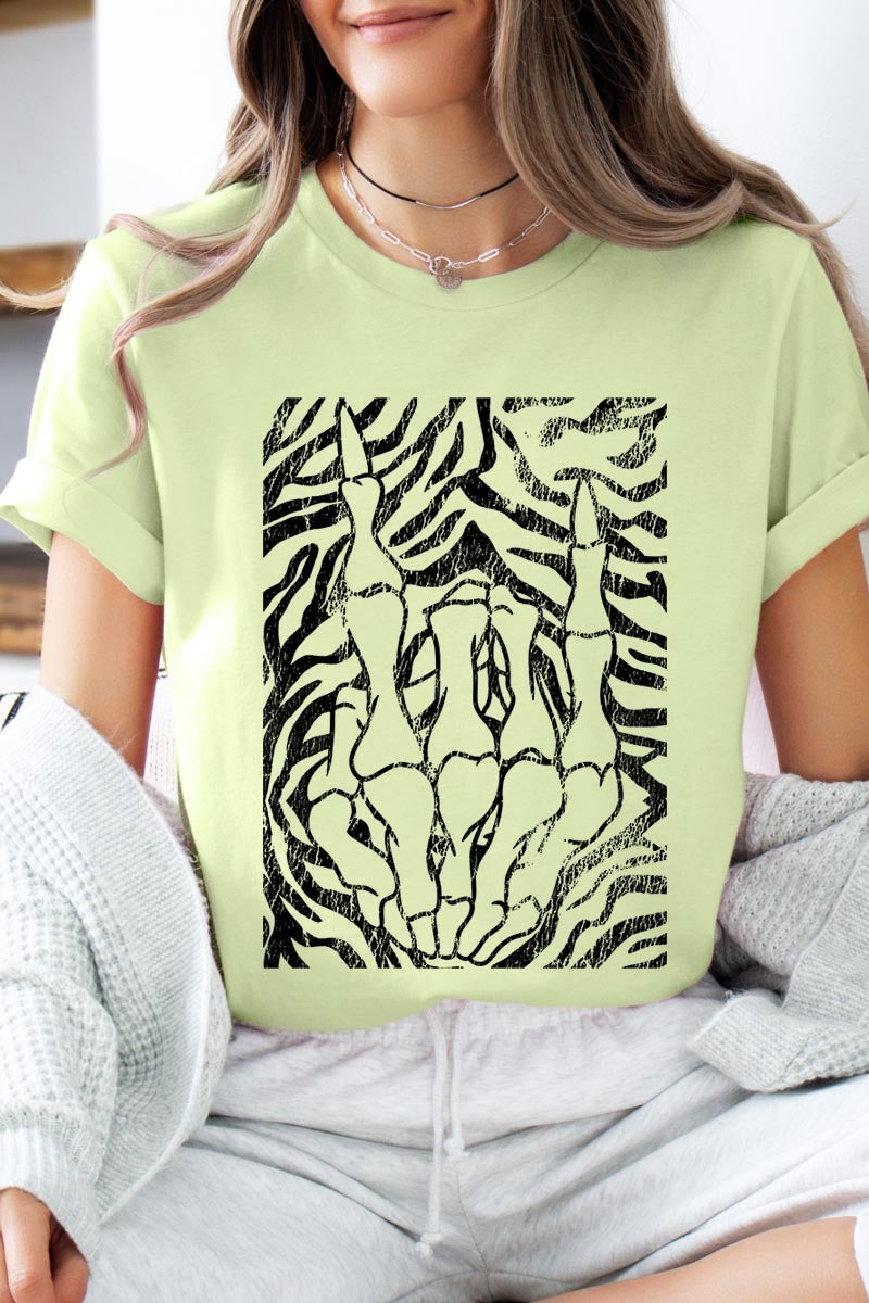 US3001P-E3177 Skeleton Hands Zebra Graphic Plus Tee $16