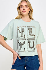 CTS-E3094 Western Cowgirl Card Graphic Relaxed Crop Top $11