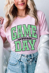 US3001-E3128 Green Gingham Game Day Graphic Tee $12.5