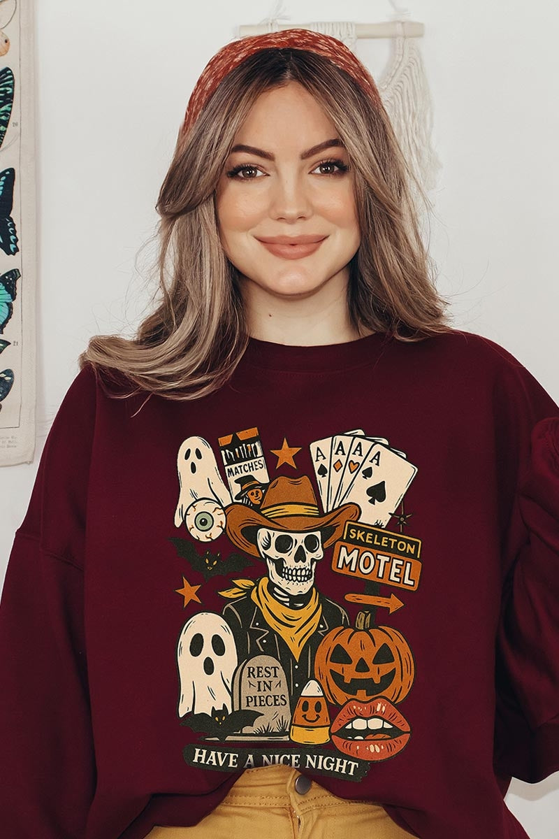 UL180-E3107 Spooky Western Skeleton Graphic Sweatshirt $20