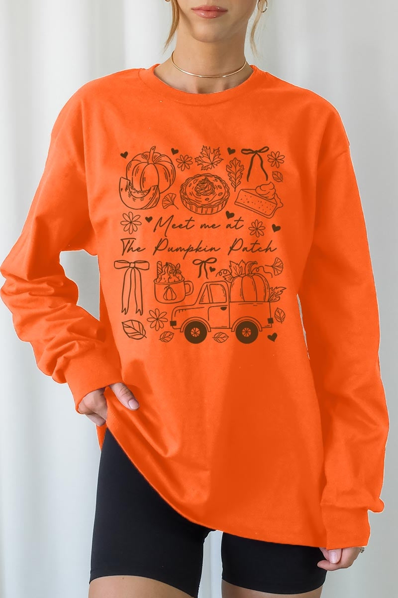 UL240-E3163 Pumpkin Patch Doodle Graphic Long Sleeve Tee $13.75